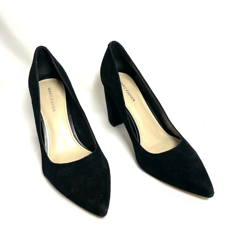 Marc Fisher Viviene 9 Velvet Block Heel Pumps Pointed Toe  Black‎ Silver Accent